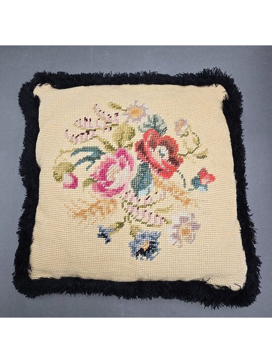 Estate Other - Vintage Floral Needlepoint Throw Pillow Black Fringe 13" Boho Decor